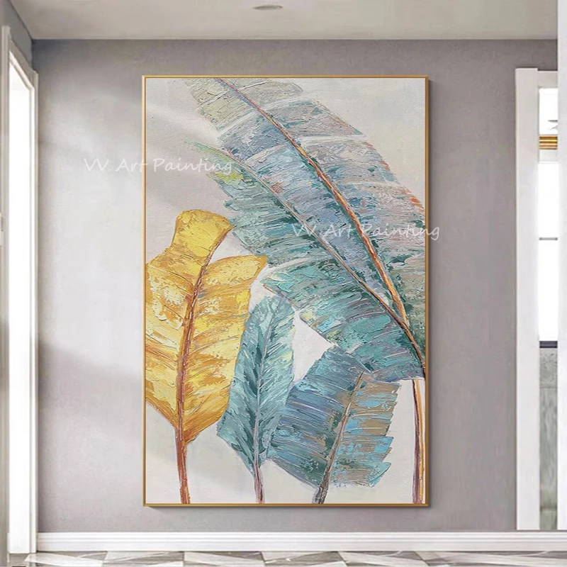 

Modern Abstract handmade blue and gold foil leather large size grey canavs Oil Painting On Canvas Large Size Decor