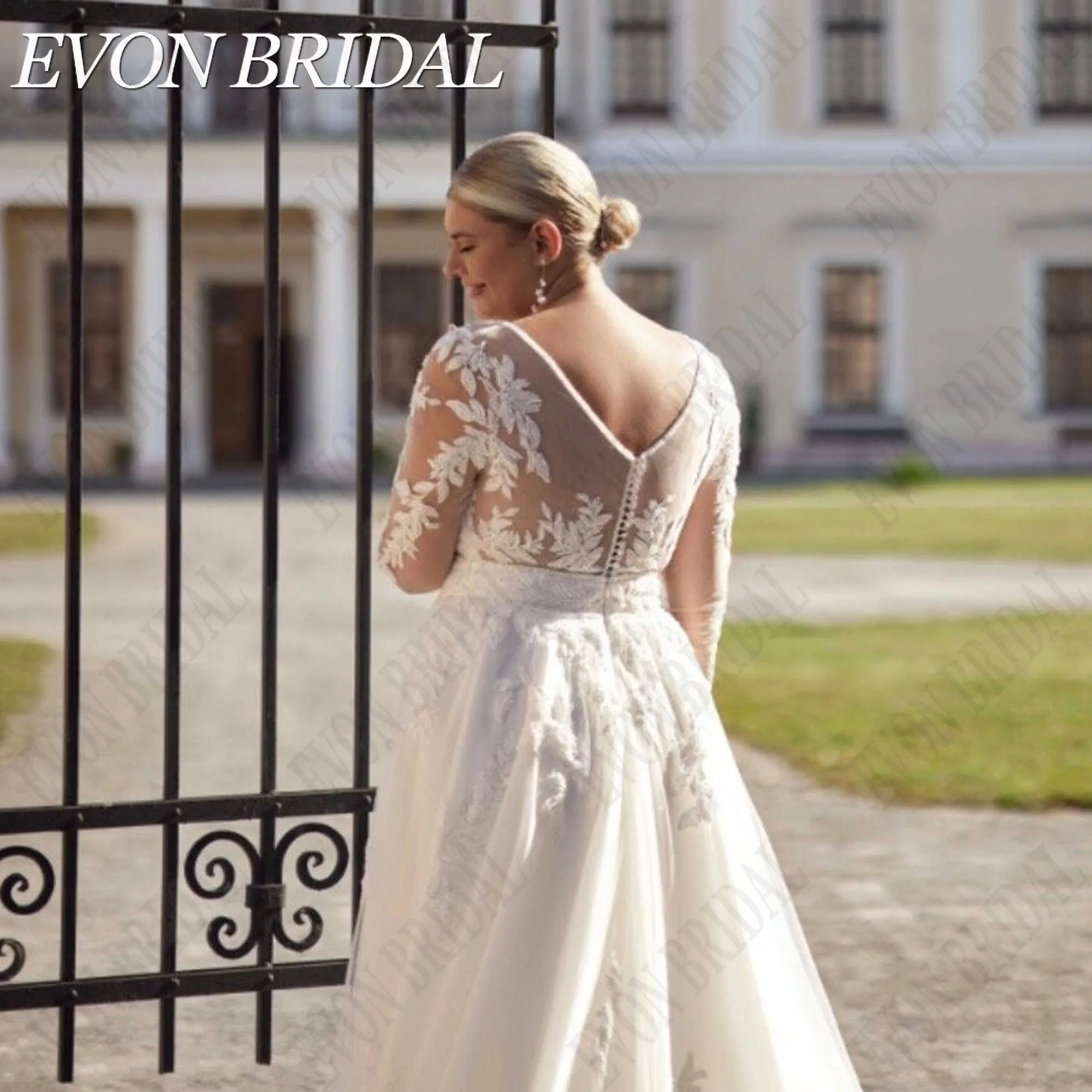 Evon Braut V-Ausschnitt plus Größe Brautkleid lange Ärmel Applikation Tüll A-Linie Sweep Zug elegante maßge schneiderte Vestidos de NoviaEVON BRIDAL