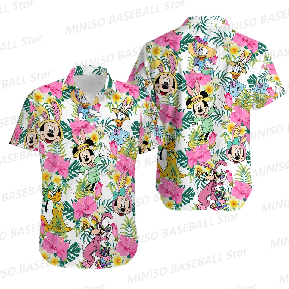 New Summer Boys&Girls Disney Mickey and Minnie Easter Colorful Flowers Hawaiian Cartoon Shirt KID/Adult Seaside Vacation Shirts