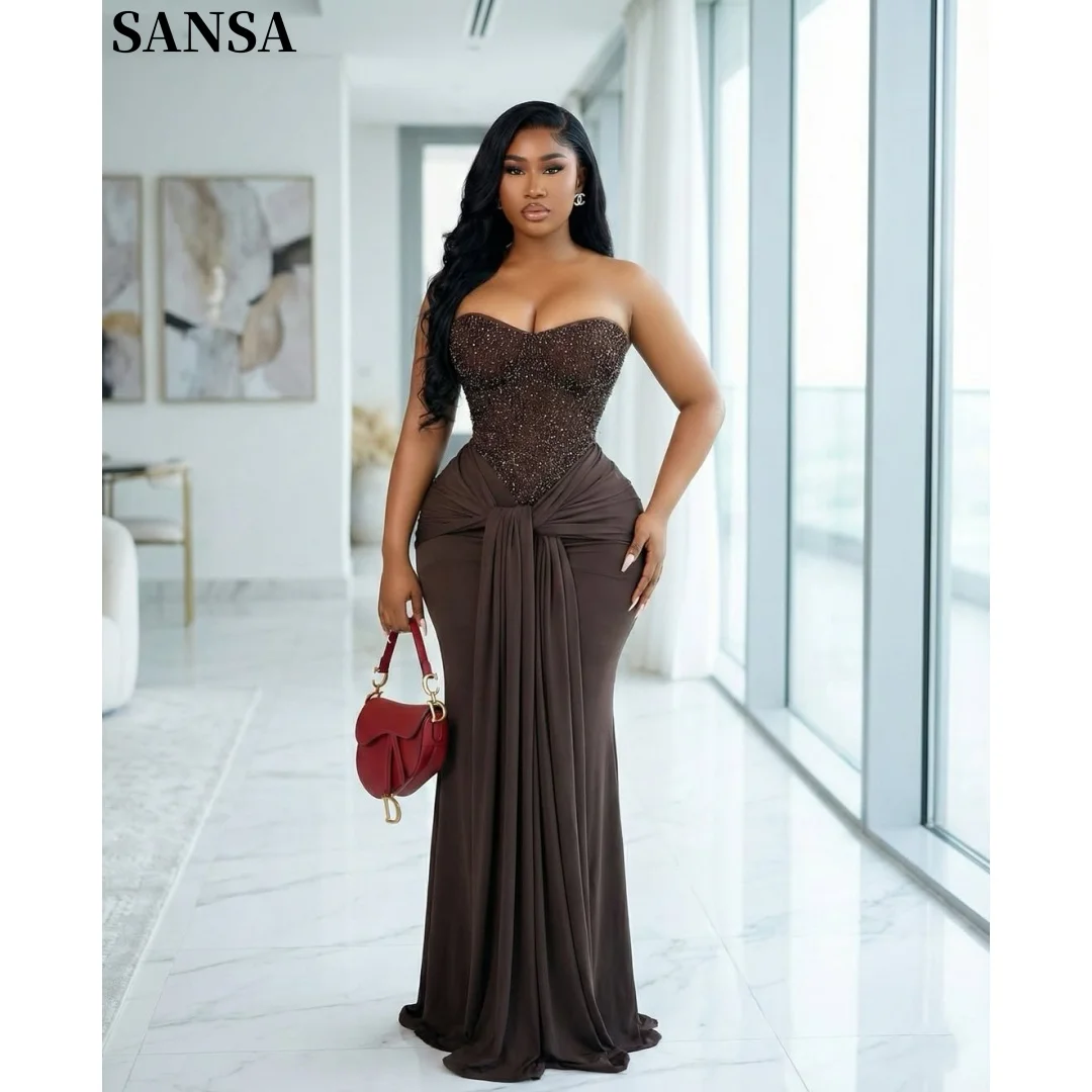 Sansa Chic Dark Brown Mermaid Formal Dresses With Strapless Beaded Corset And Ruched Detail Floor Length Evening Party Gowns