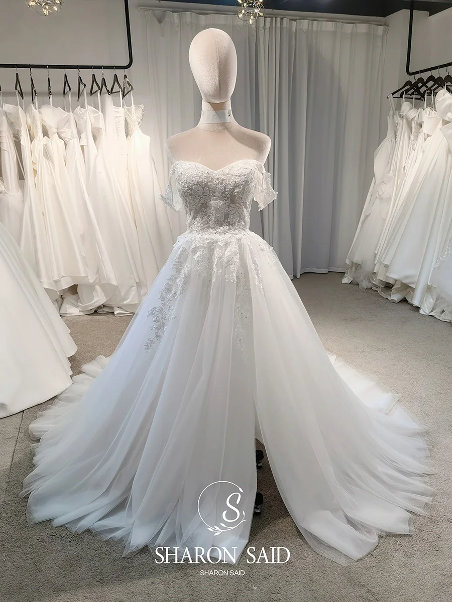 Sharon Said 2025 Gaun Pengantin A-line Tulle Bunga 3D 2025 Gaun Pengantin Sweetheart Tanpa Bahu Elegan AM026 Disesuaikan