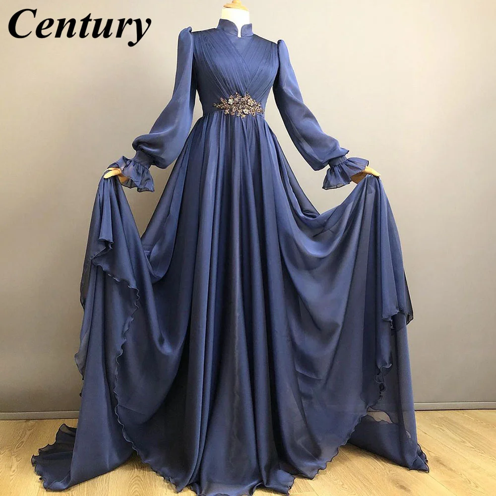 Vestidos de Noche azules con cuentas para mujer, vestido Formal árabe, Dubai, musulmán, mangas largas, caftán marroquí, vestido de graduación, vestidos de noche