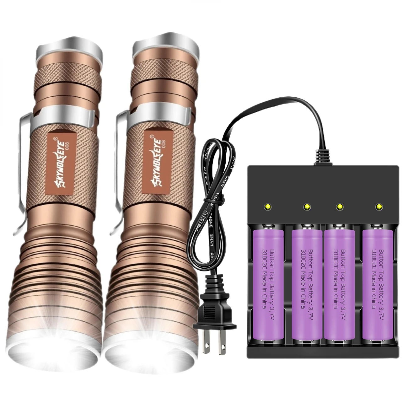 2pcs Powerful Led Tactical Flashlight 3 Lighting Modes Waterproof Torch with Battery 4 Slot Charger for Camping Hiking Reading