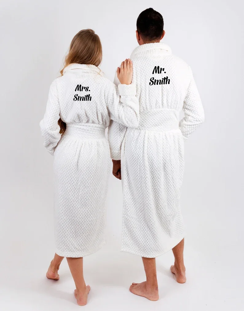 Custom Long Bathrobes for Couple Matching Women and Men Honeymoon Anniversary Gift Customized Name Wedding Winter Bathrobe