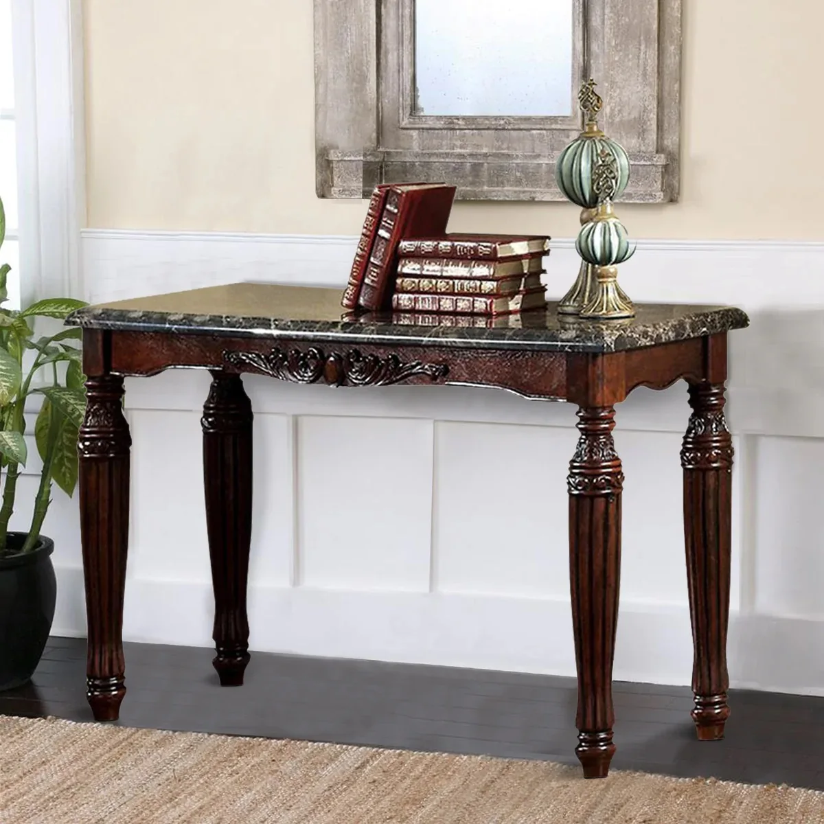 Traditional Espresso Solid wood Sofa Table End Table  Faux Marble Top Intricate design Living Room Furniture