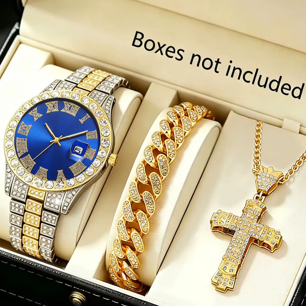 3-Piece Set, Men's Luxurious and Elegant Quartz Watch with Cuban Bracelet, Cross Pendant Necklace, Stylish and Fashionable, Blue Dial, with Calendar, Perfect Gift for Halloween, Christmas, and New Year.