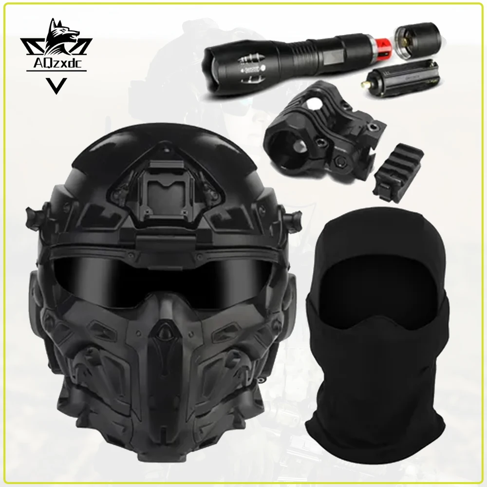 

Tactical Airsoft Helmet Set Full Face Mask With Built-In Headset Anti-Fog Goggles Flashlight For Outdoor CS Paintball Hunting