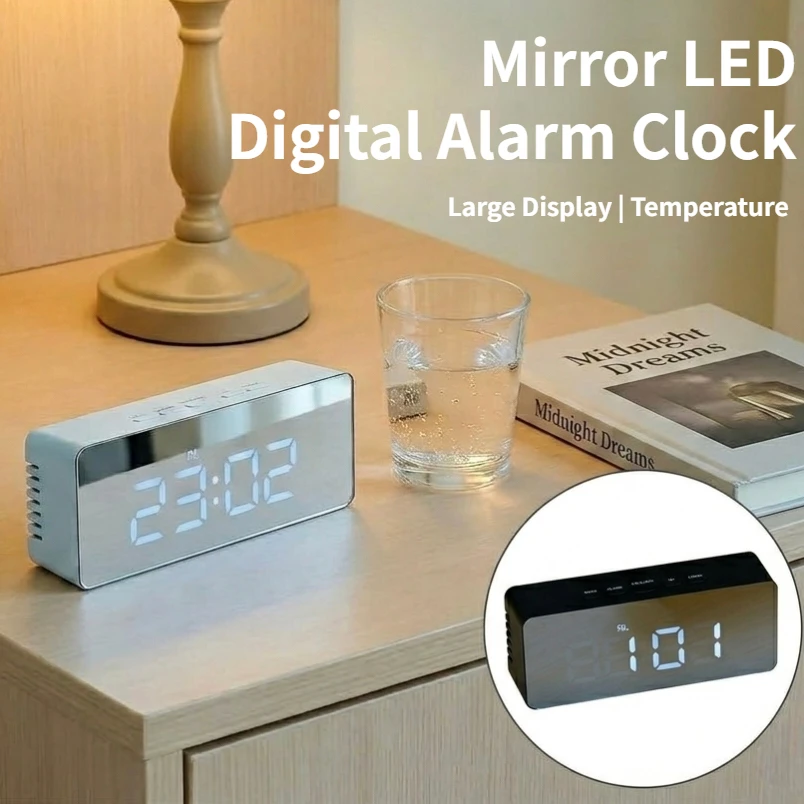 Electronic Mirror LED  Digital Alarm Clock, Temperature Date Display Mini Table Clock for Bedroom Home Office Teens Kids