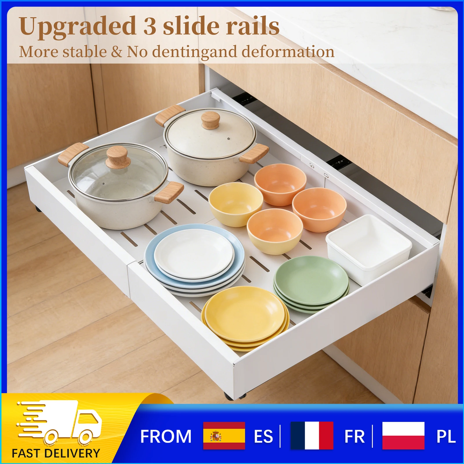 Organisateur de placard extensible, tiroir coulissant réglable sans perçage, étagère coulissante en acier au carbone, options blanc/noir pour meuble de cuisine