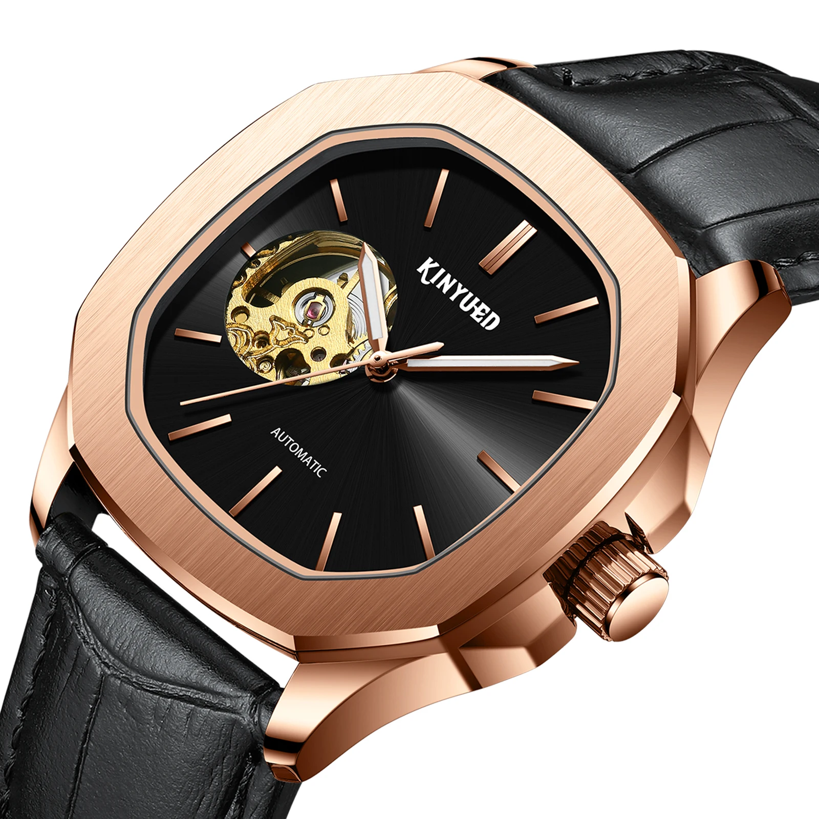 عالية الجودة Sunray الهيكل العظمي مضيئة الطلب جلدية باند ساحة الرجال التلقائي ساعة ميكانيكية