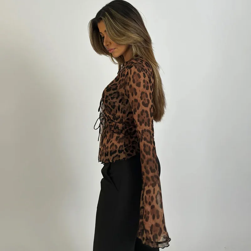 Women Sexy Leopard Mesh Chiffon Tops Deep V Neck Lace Flare Sleeve Blouses Elegant Loose Print Slim Fit T-shirt Female Y2K Tops