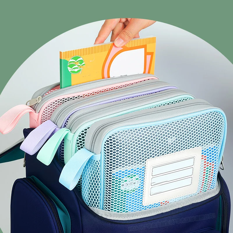 HUAJIE L-Shaped Large Opening Mesh File Bag, Multi-Layer Zipper, Transparent Exam Paper Folder, Portable Storage for Students