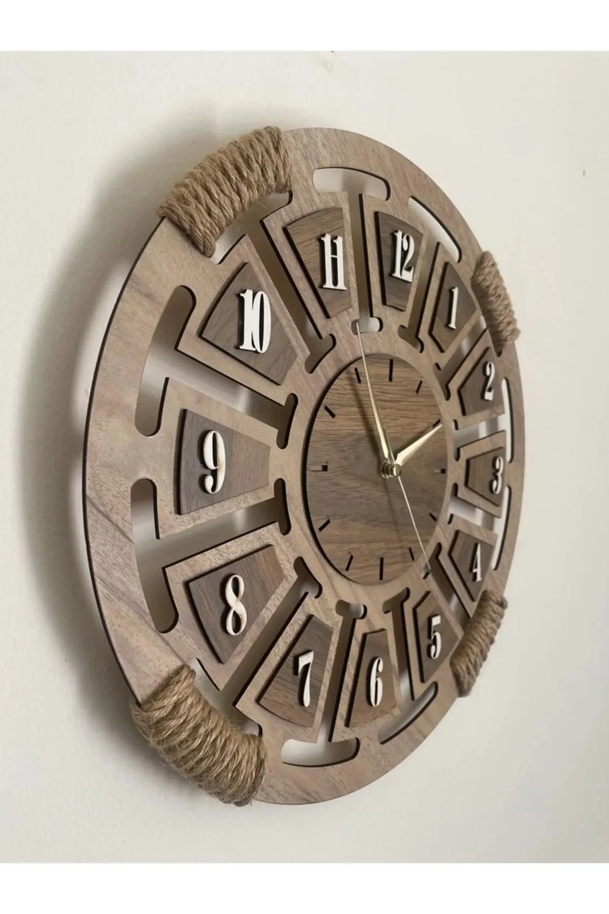 Wooden Wicker Detailed Decorative Wall Clock 40x40 Cm Silent Flowing Mechanism Modern Model Home Gift Custom Design Wall Decor