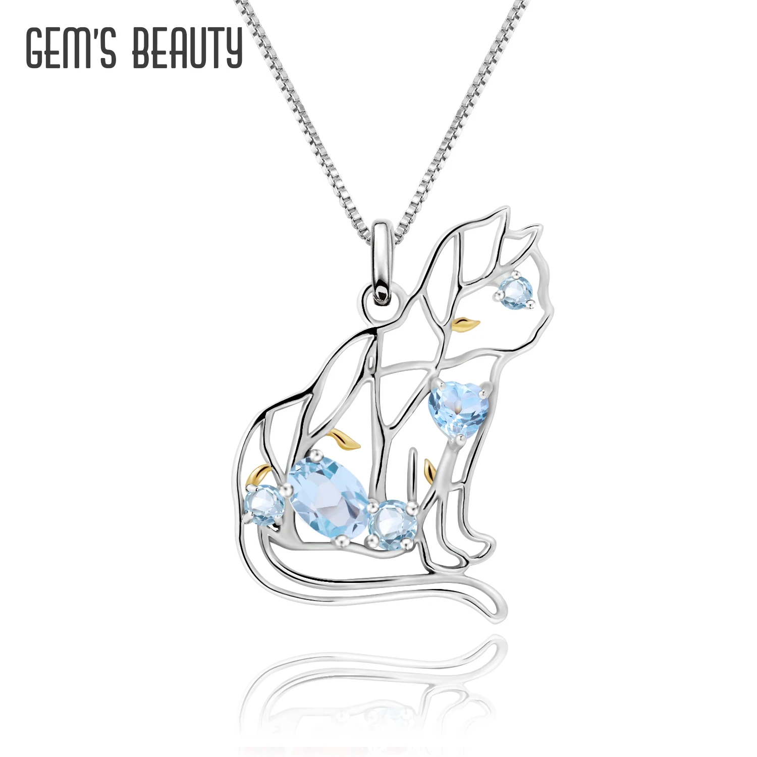 GEM'S BEAUTY Gemstones Cat 925 Sterling Silver Cute Necklace Natural Topaz Pet Pussy Chain Pendant Fine Jewelry for Women