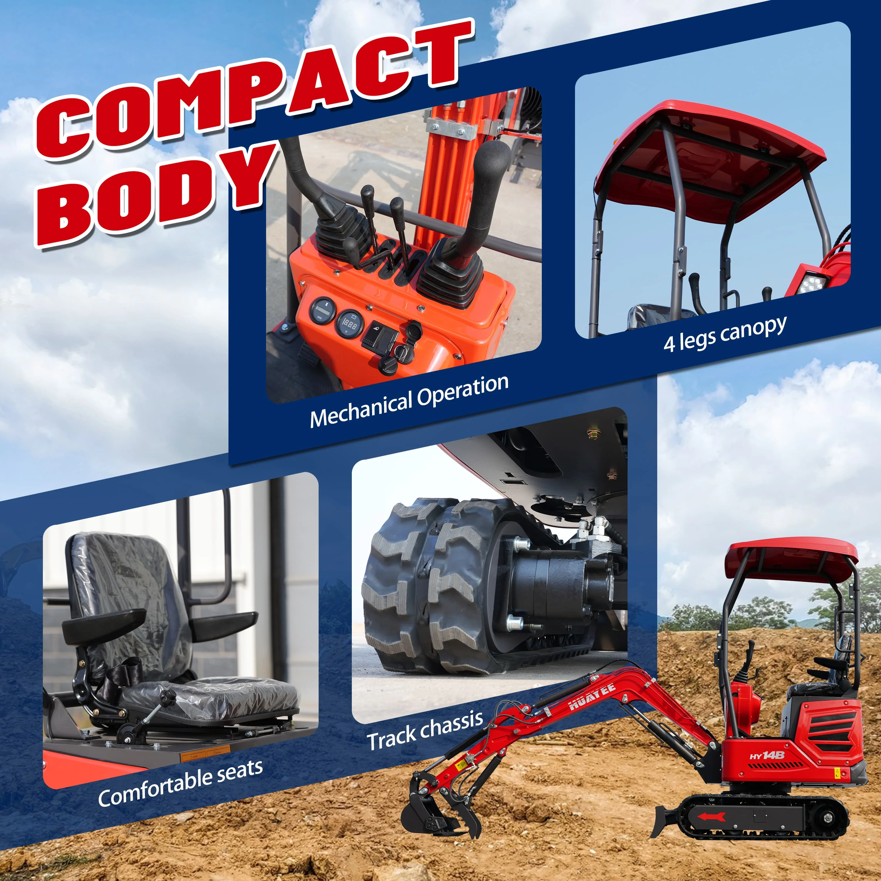 HUAYEE HY14B mini excavator is equipped with dual joysticks and hydraulic thumb clamps, suitable for gardens, parks, farms.