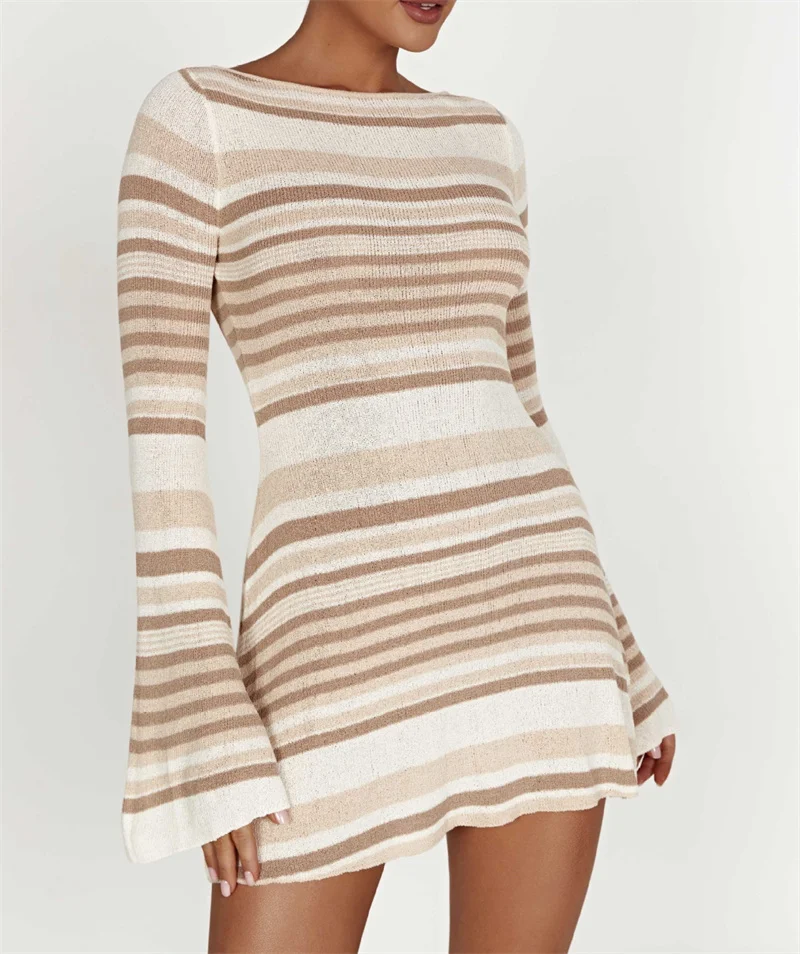 Women‘s Sexy Flare Sleeve Backless Lace Up Short Bodycon Dress Boho Beach Swimsuit Crochet Knit Bikini Cover-Up Swimwear