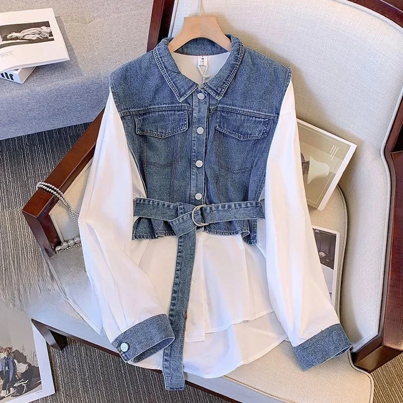 Femmes Denim chemise printemps été 2024 à manches longues épissage dames hauts faux deux pièces mode ample dame Blouse femme Denim haut