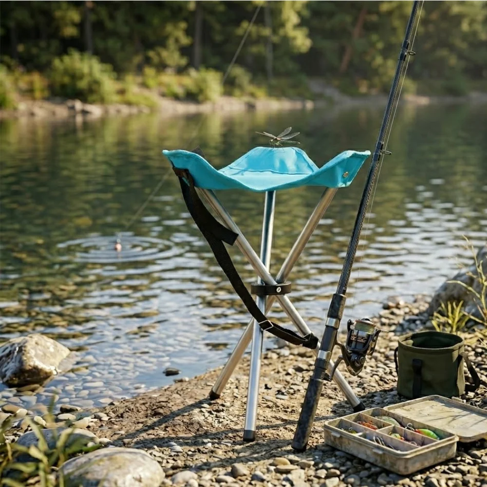 Taburete de camping plegable de acero y poliéster, incluye correa ajustable, máximo 90 kg, acampada, pescar, jardín, playa, 43 x 32 x 32 cm, color aleatorio
