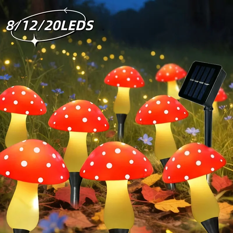 

Солнечные LED-светильники в форме грибов для улицы (8/12/20 шт.) - 8 режимов работы, садовые светильники для дорожек, двора, кемпинга, праздничного освещения и декора.