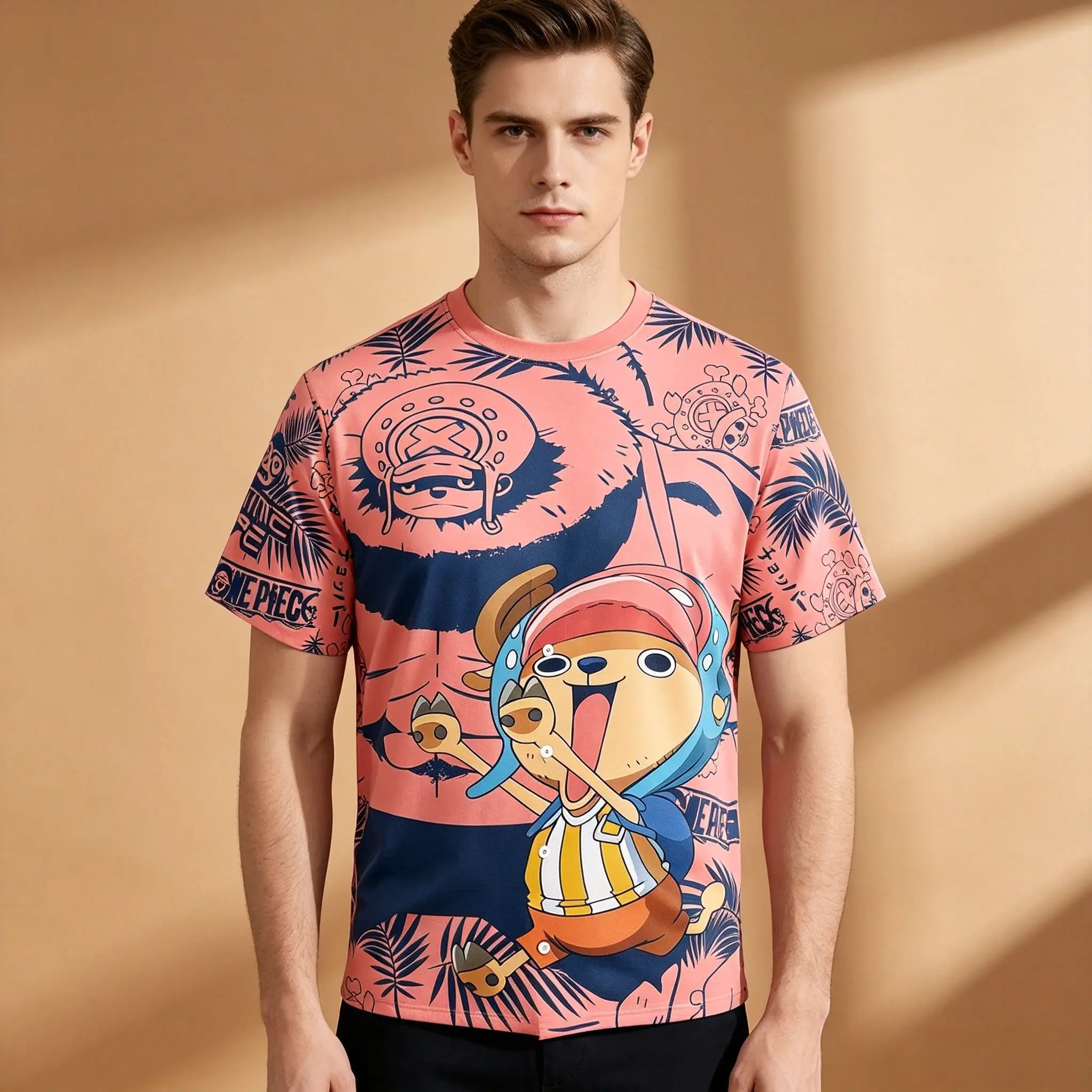 Anime-T-Shirt für Herren mit Allover-Sublimationsdruck, rosa Grundfarbe, One Piece Tony Chopper, tropische Palme, vollflächiger Druck, weich, atmungsaktiv, Ota