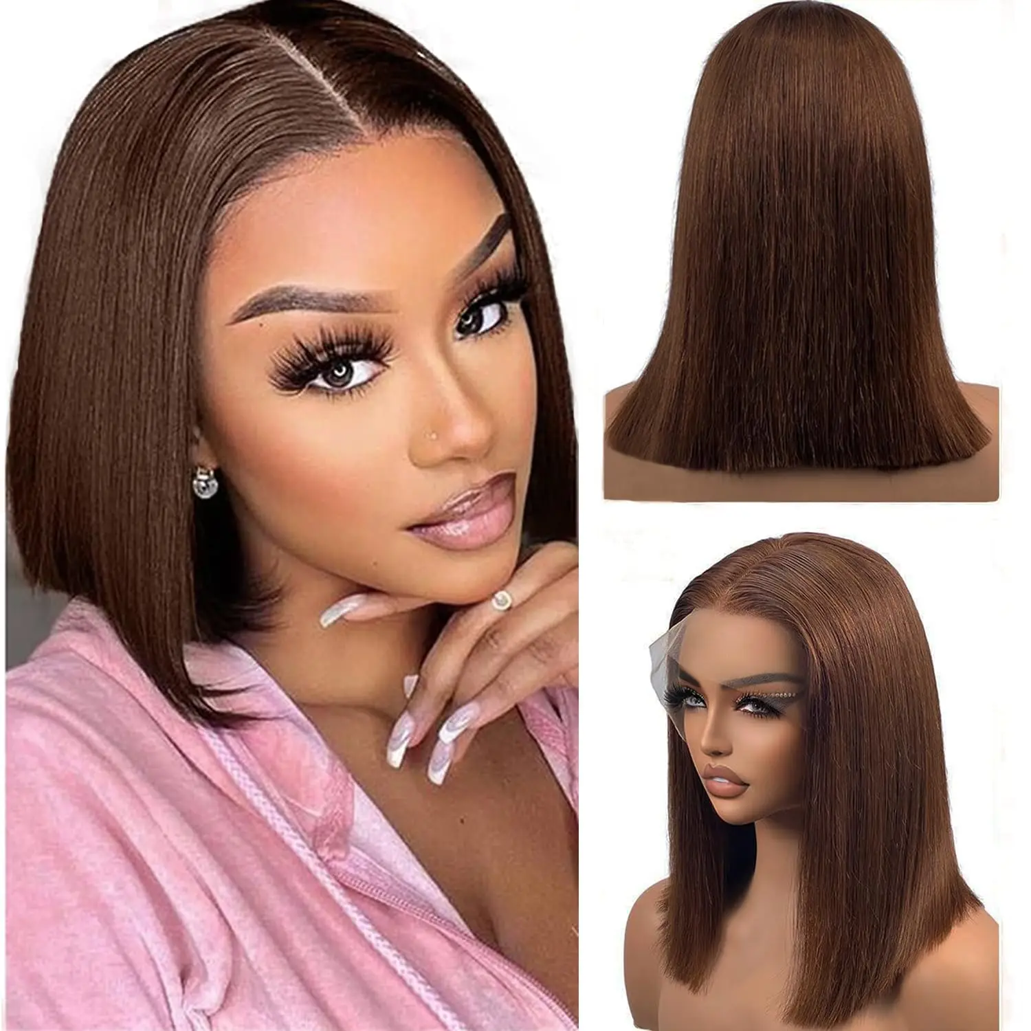 Bob Wig Human Hair #4 Chocolate Brown 13x4 Frontal Lace Wig HD Transparent Short Straight Bob Wigs for Women 180% Density