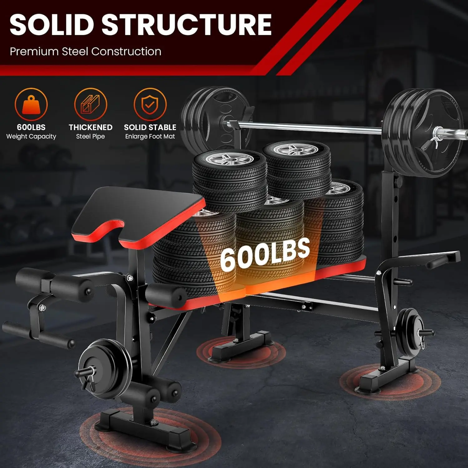 Set da banco 6 in 1 660lbs con Squat Rack, Set da panca con supporto per bilanciere, allenamento per l'allenamento della forza inclinato regolabile