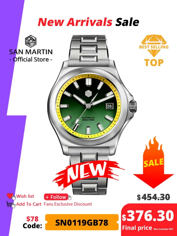 San Martin New Upgraded 41mm Gada Watch Miyota 9015 Luxury Men's Automatic Mechanical Watches Waterproof 200m Luminous SN0119