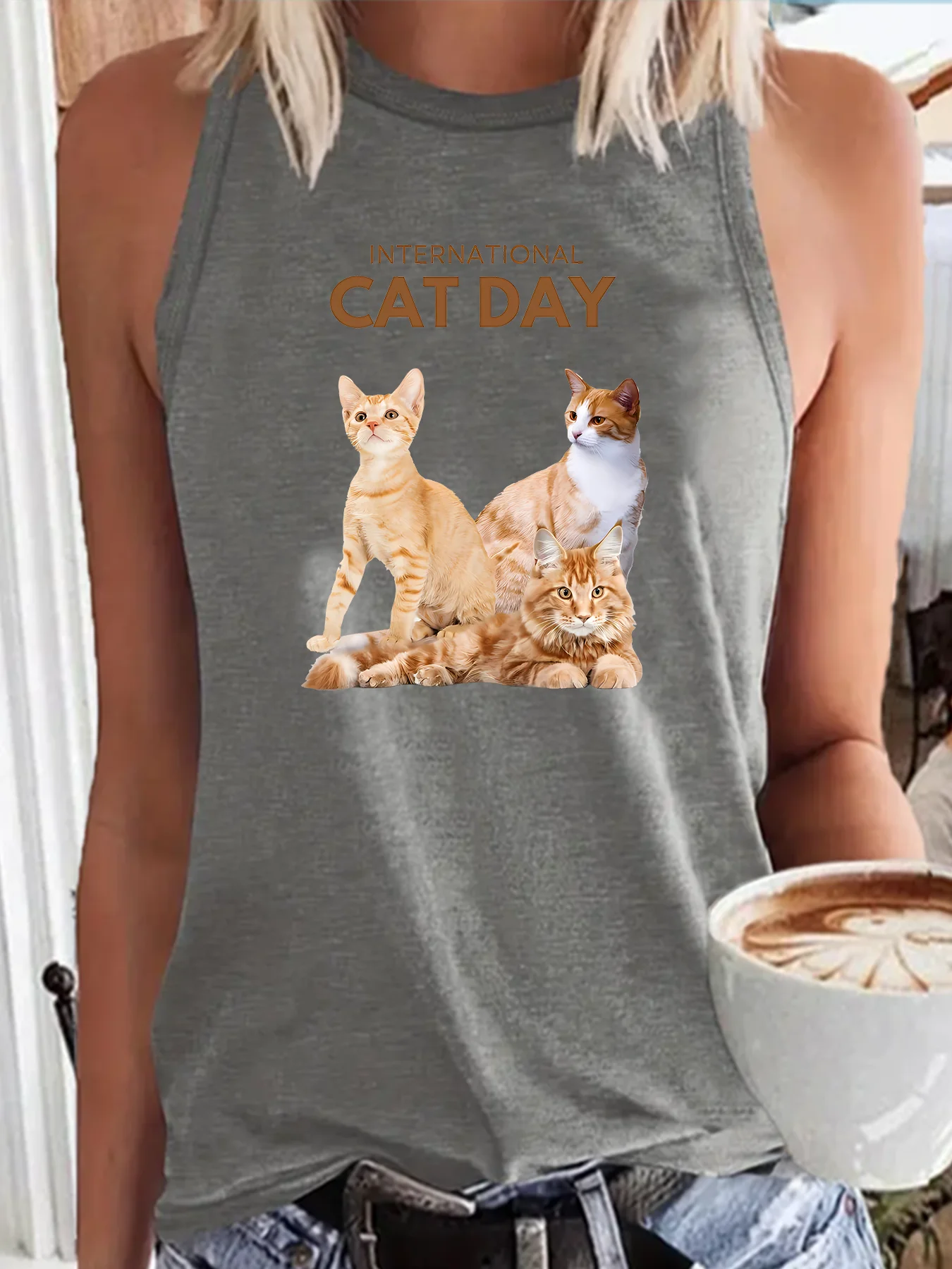 Summer Latest Internatioational Cat Day Orange Cat Fashion Sports Women's Tank Top Loose O Neck Sleeveless Casual Tank Top