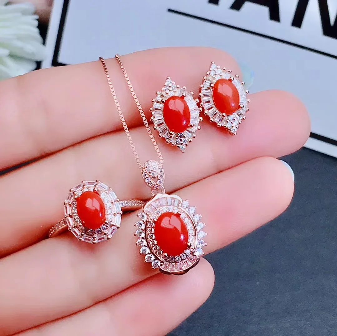 Jewelry Girl Natural Red Coral Pendant Necklace Ring Earnail Set 925 Pure Silver Plated Rose Gold Gift for Girlfriend Christmas,