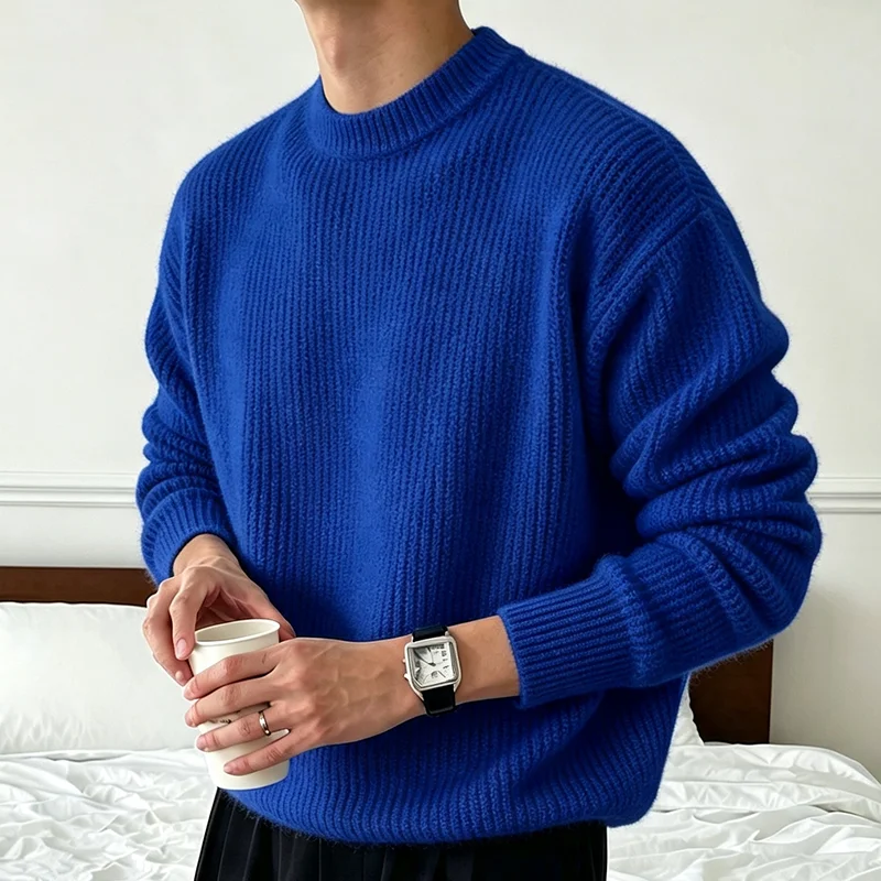 Neuer Herren-Strickpullover in Unifarben für Frühling und Herbst, Lässiger Modischer Pullover mit Gerippter Textur, Langen Ärmeln und Rundhalsausschnitt – Detail 34