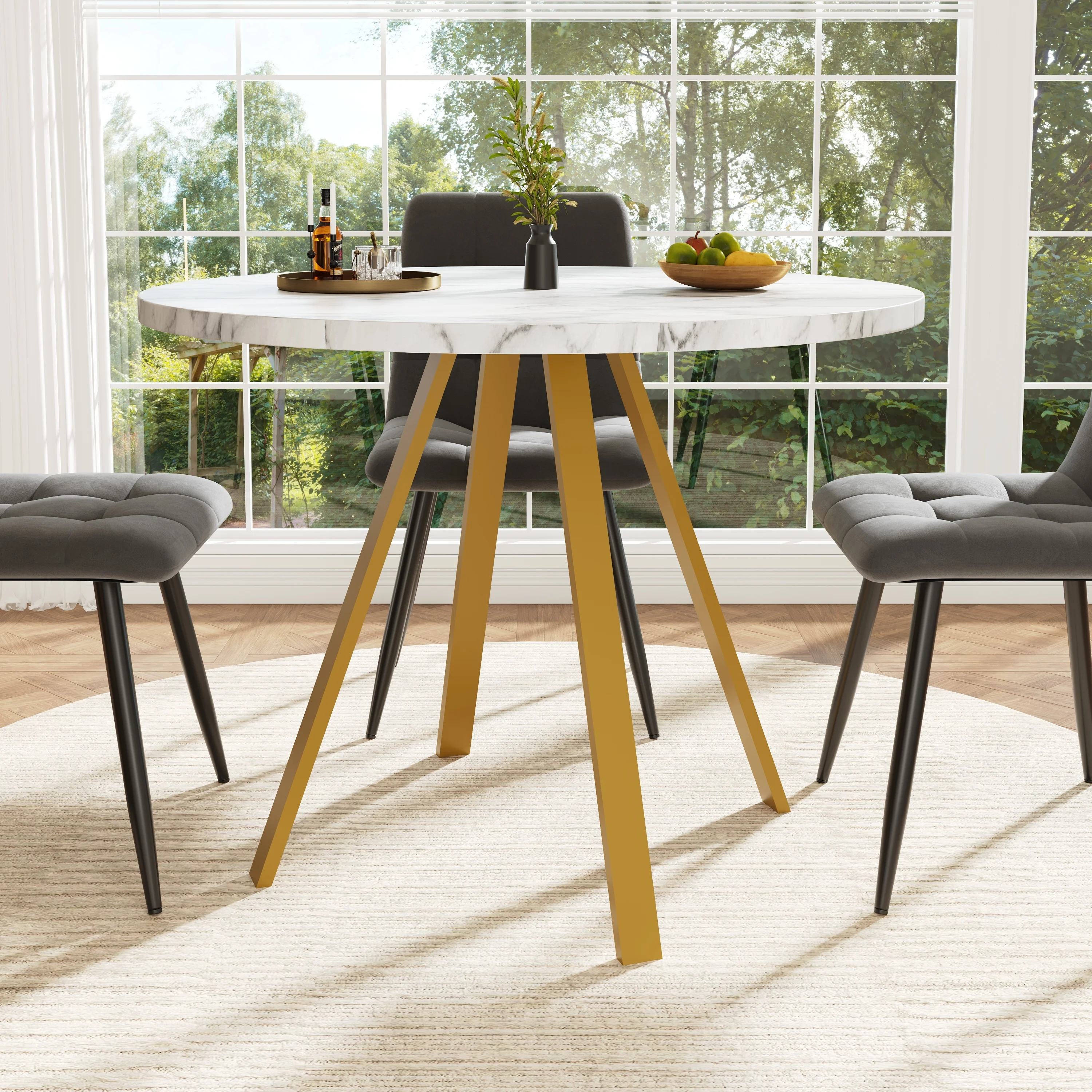 Mesa de cocina redonda con patrón de mármol, tablero de MDF y patas de metal dorado, blanco y dorado