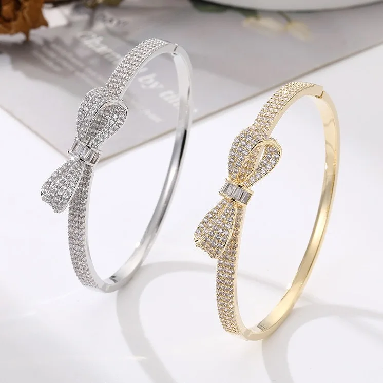 

Luxury Bow Knot Bangle Bracelet for Women – Gold & Silver Plated CZ Crystal Bridal Jewelry