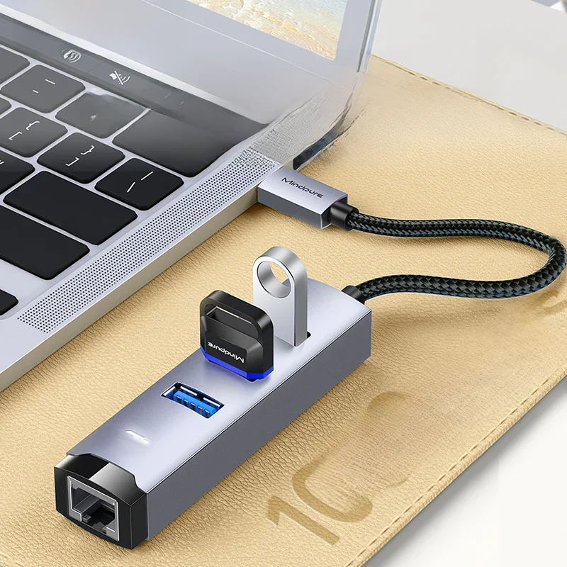 Mindpure 4 in 1 USB 3.0 Hub RJ45 1000/100Mbps Adapter USB 4 Ports Network Card For MacBook PC Laptop Type-C Splitter Accessories