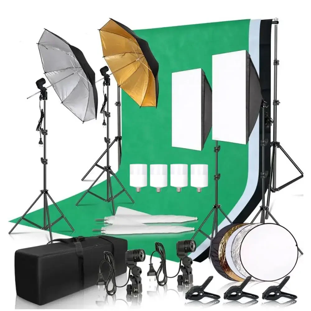 Fotografie Fotostudio Softbox Verlichtingsset Met 2.6x3M Achtergrondframe 3 Stuks Achtergronden Statief Reflector Board 4 Paraplu's - afbeelding 2