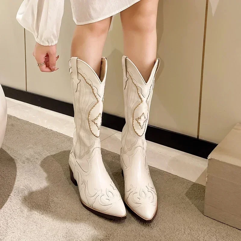Bottes de Cowboy Blanches pour Femme, Broderie Jolie tue, Parker, Mi-mollet, à Enfiler, Talons Optiques, Chaussures