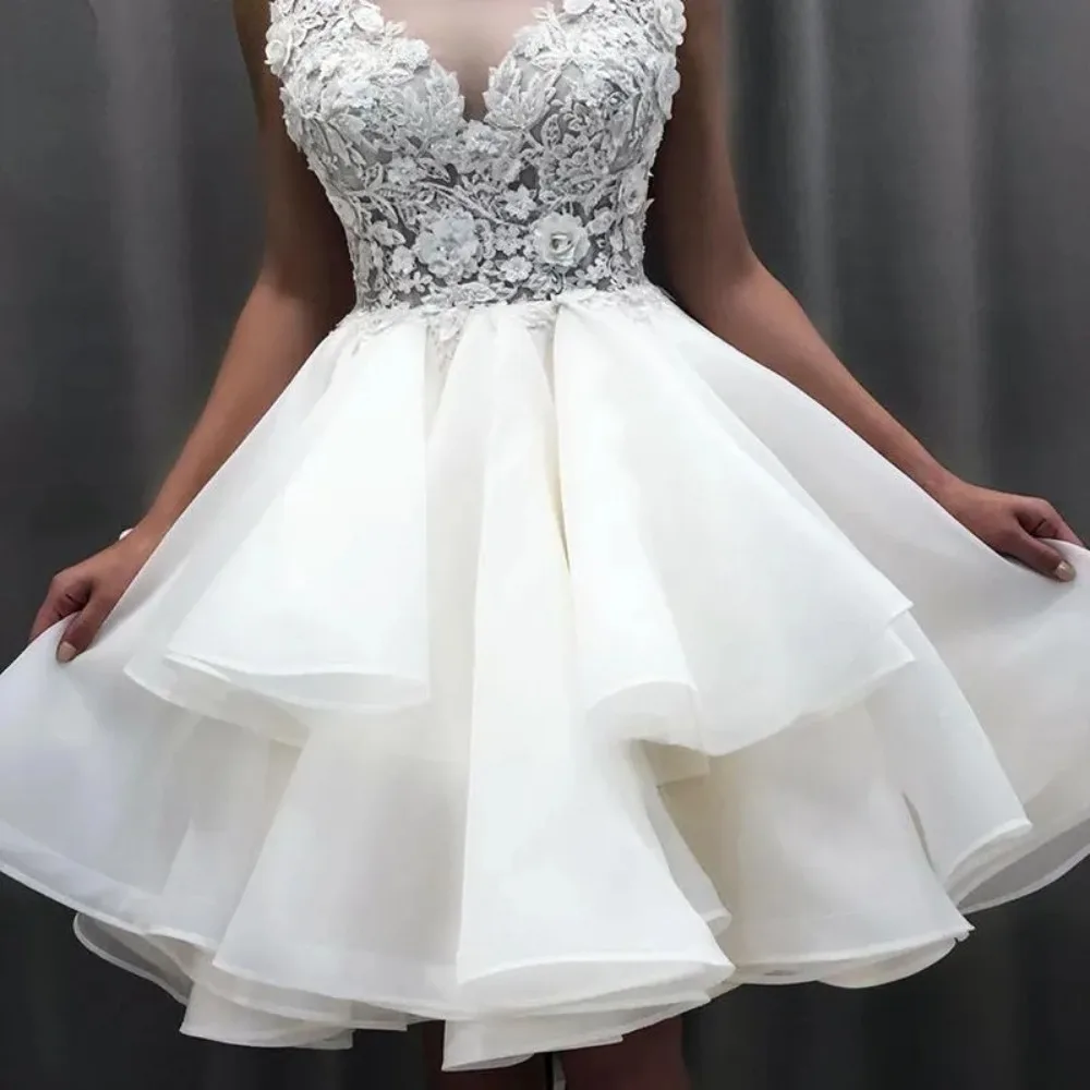 Short Mini Wedding Dress 2024 Sheer O-Neck Lace 3D Flower Sleeveless A-Line Wedding Party Gown Birthday Dress  Vestido De Novia