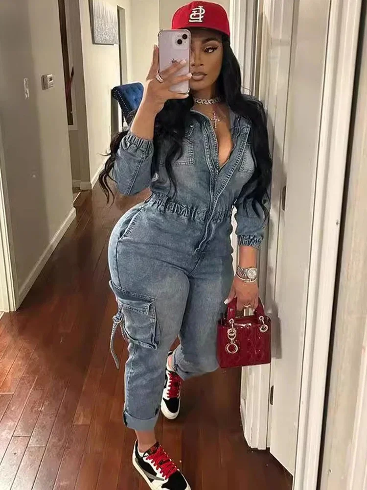 BKQU Denim Cargo Jumpsuit Women Pockets Patchwork Fashion Lapel Zipper Jean Stretch Overalls Playsuit Fall Winter Y2k Streetwear — zdjęcie 2