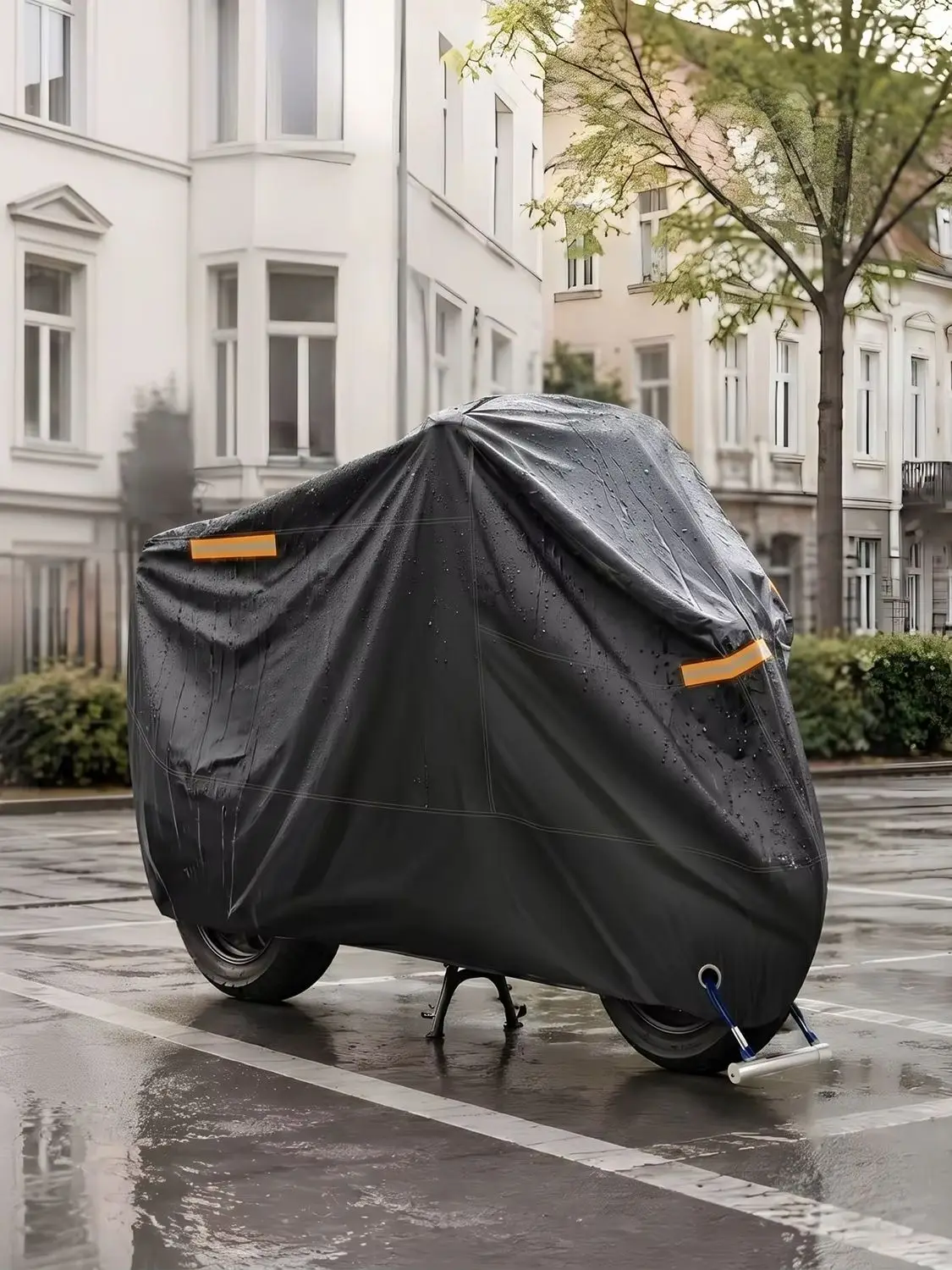 Pokrowiec na motocykl wykonany z poliestru 210D, wodoodporny, odporny na promieniowanie UV, pyłoszczelny, rozmiar 265×105×125 cm, do motocykli, skuterów i rowerów elektrycznych, czarny, z elastycznym — 2