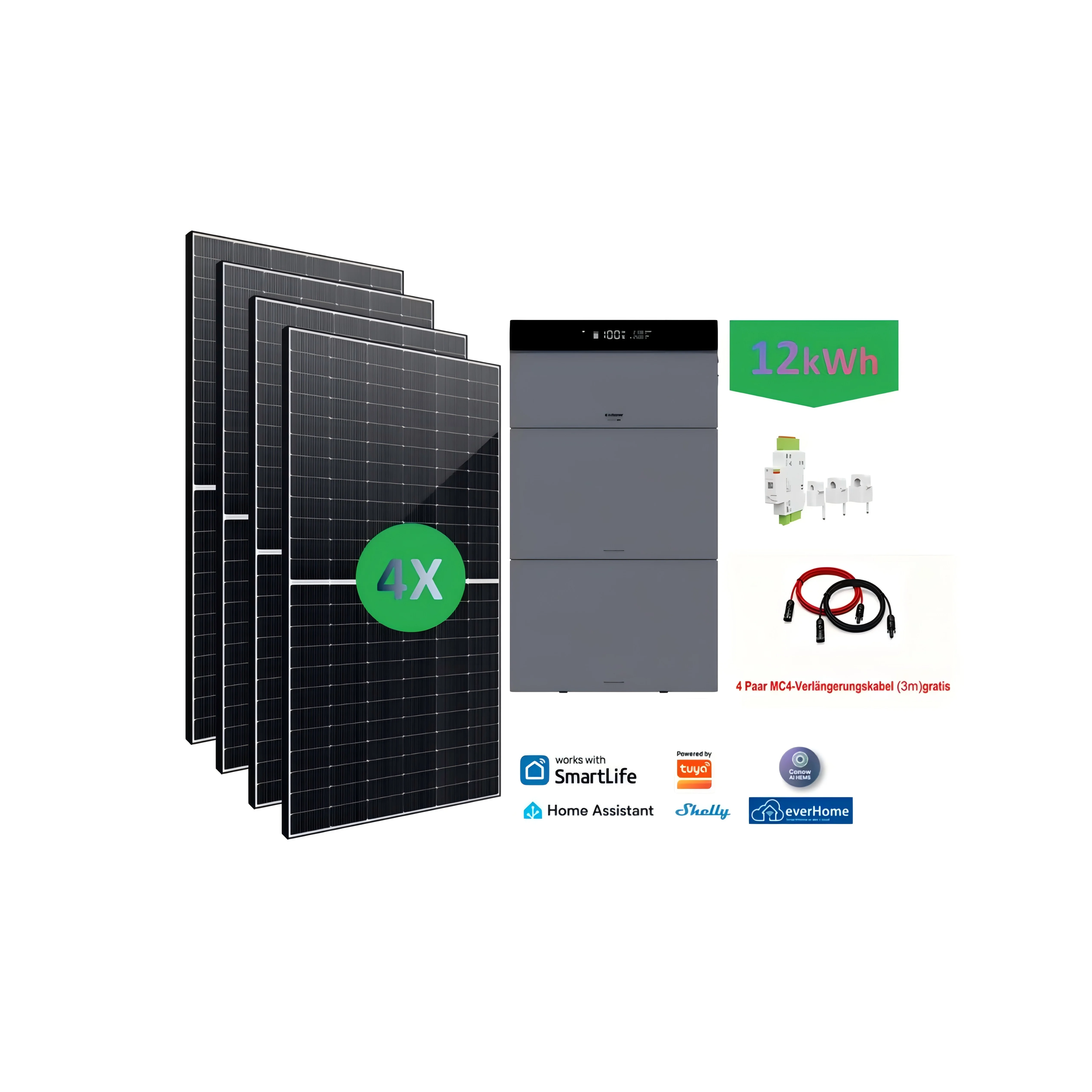 2000W Balkonkraftwerk CONOW CBE2000 Pro mit 4x500W Jolywood bifaziale Solarmodule,mit 2*CME04-50 Erweiterungsbatterie,smart meter