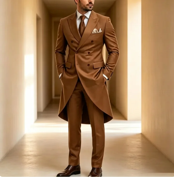 New Brown Long Blazer Men Suit Wedding Party Formal Groom Groomsman Prom Business Male Tuxedos 3 Piece Set Jacket Vest Pants
