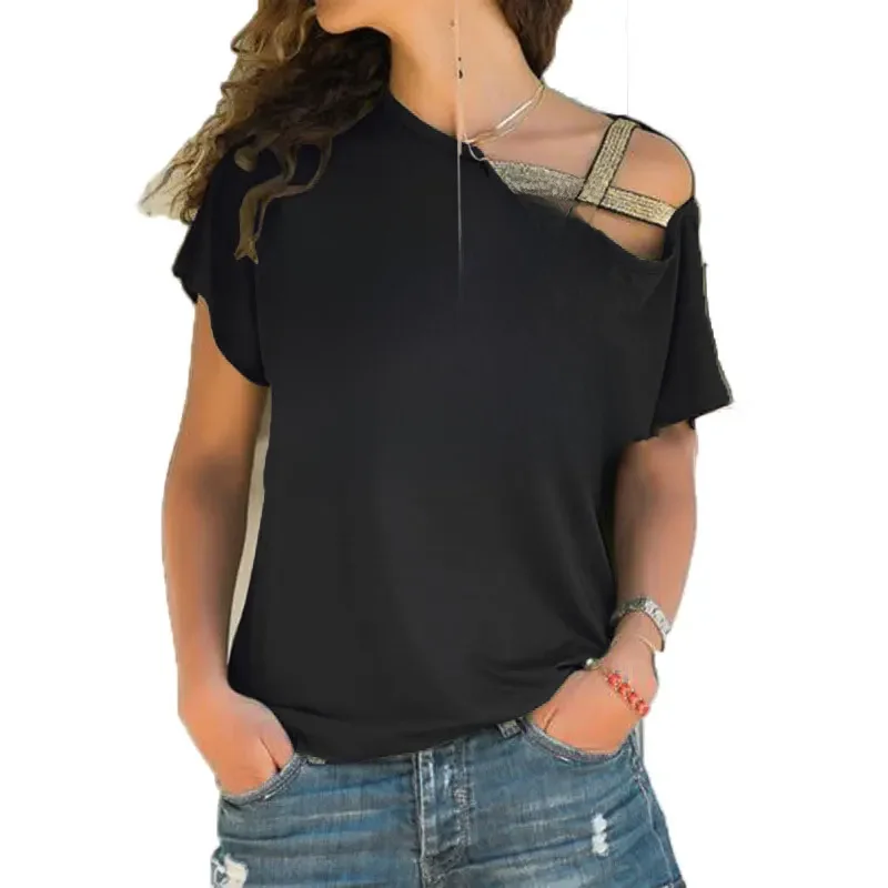 T-shirt damski Loose Slash Neck T Shirt Ladies Casual Letter Dance T-shirt Summer Casual Irregular Skew Cross Bandage Tops Tee — zdjęcie 2