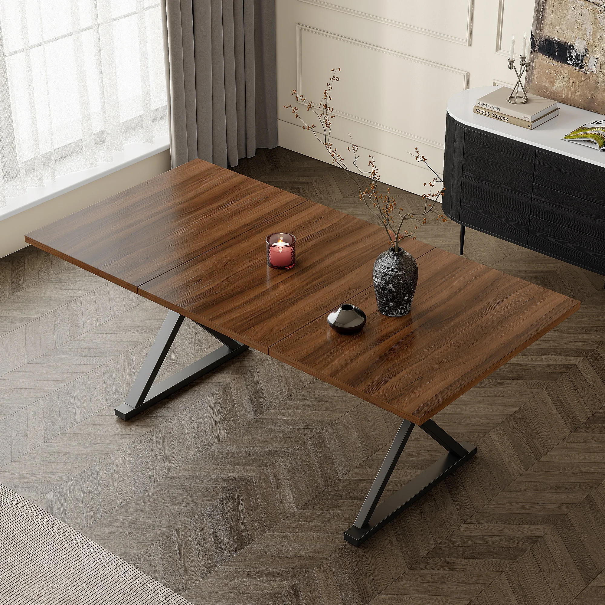 Mesa de Comedor para 6 a 8 Personas con Patas en X - LPOSPI - Estructura de Metal, MDF Nogal y Negro 180 × 90 × 75 cm