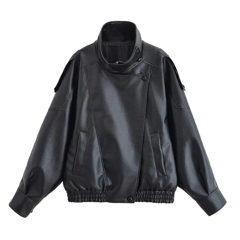 Women's Jacket Fall 2026 New Black Long Sleeve Pebble Faux Leather Jacket Motorcycle Style Personality Fashion