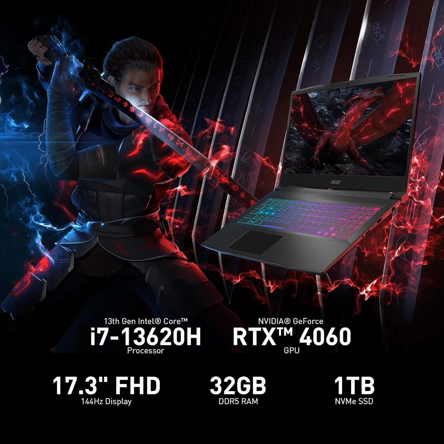 MSI Katana-ordenador portátil para juegos de 17,3 ", Intel Core i7-13620H,GeForce RTX, 4060,64GB de RAM,4TB SSD,Windows 11 Pro, con ratón para juegos