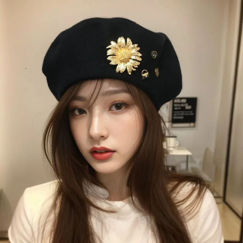 Wool Beret Hats with flower heart brooch Women's Beret Hat French Style Winter Beanie Hats Fashion Ladies Beret Caps Outdoor Hat