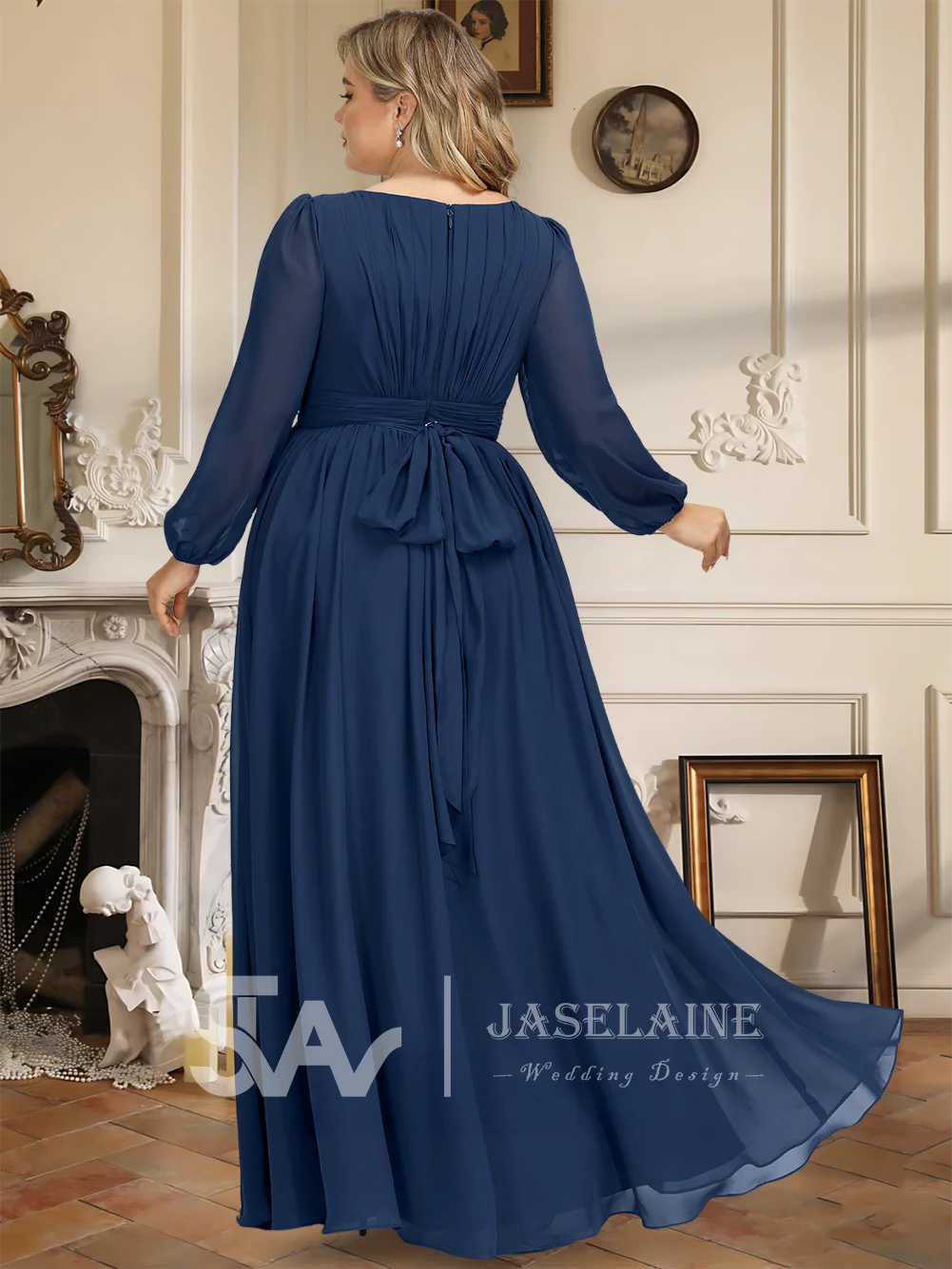 LSB Bridesmaid Dresses A-Line Scoop Neck Floor-Length Chiffon Ruffle Long Sleeve Wedding Guest Evening Party Cocktail Dresses