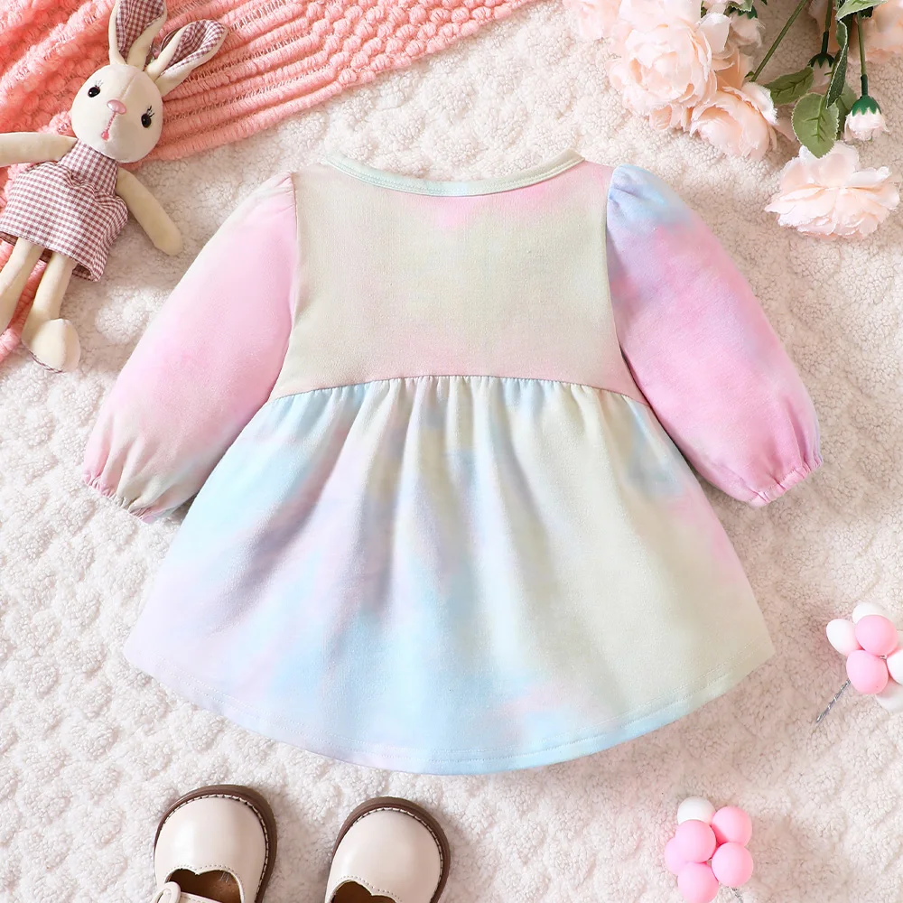 Vestido tie dye para bebês, Manga comprida, Vestido bonito para crianças ao ar livre, Roupas coloridas para crianças