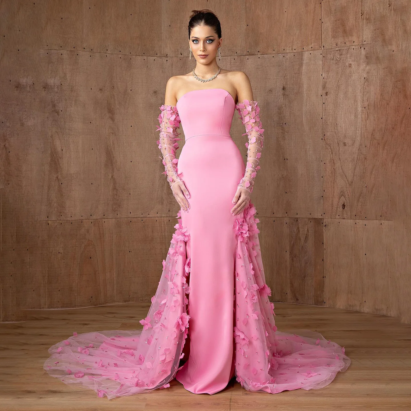 

Sharon Said Elegant Pink Strapless Overskirt Evening Dress with 3D Flowers Arabic for Women Wedding Dress Gown SF382 Customized