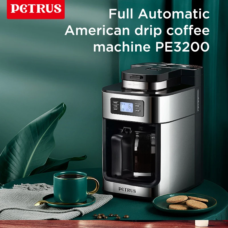 Petrus Automactic Kaffeemaschine, Tropfkaffeemaschine, Edelstahl, 10 Tassen, mit integrierter Mühle und Brühstärkungsregelung