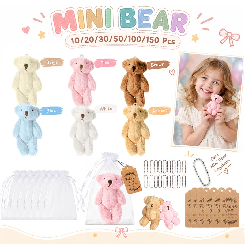 10-150Pcs Mini Bear 6cm Plush Stuffed Joint Bear Baby Shower Keychain Birthday Cake Graduation Wedding Party Favors Gifts